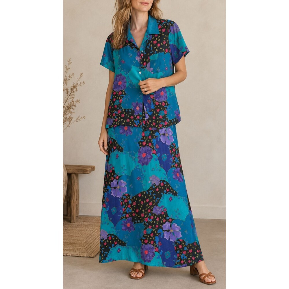 Vintage CM Shapes Dress Womens Large Blue Floral Maxi Top and Dress Tropical *